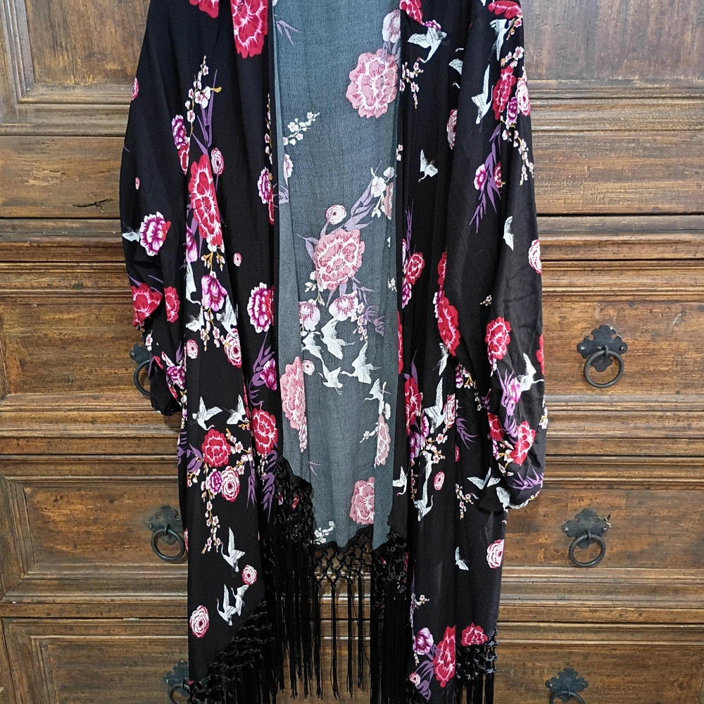 Torrid Black and Pink Floral Kimono Blouse